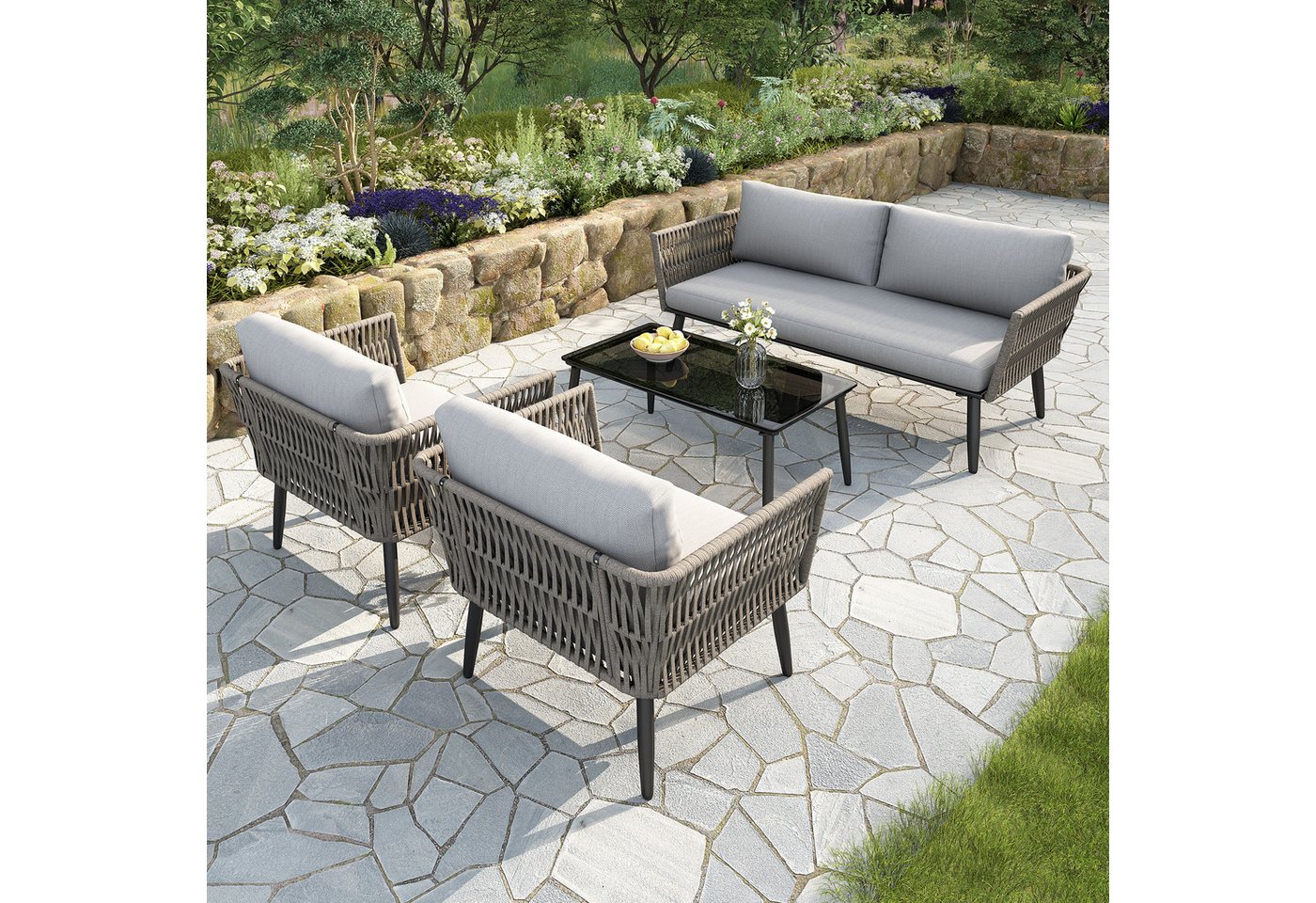 Drenice Gartenlounge-Set Gartenlounge-Set, Gartenmöbel-Set mit bequemen Kissen, (2-Sitzer-Sofa, 2 Sessel und Couchtisch, Geflochtenes PE-Seil aus Wassergrasimitat, schwarze Glastischplatte) von Drenice