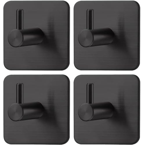Drenky 4 Stück Klebehaken Extra Stark,Klebehaken Schwarz Edelstahl SUS 304 Wasserdicht Handtuchhaken Selbstklebend Multifunktional Haken Ohne Bohren Mit Klebepads für Badezimmer und Küche von Drenky