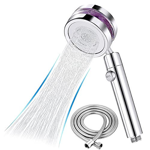 Drenky Turbo Duschkopf, Showerflow Premium Duschkopf Druckerhöhend mit Propeller 2 Strahlarten 360 °Drehbarer One-Key-Wasserstopp Hochdruck Handbrause Wassersparend Mit Schlauch 1,5m, Chrome von Drenky