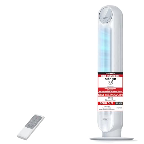 Dreo 20dB Leiser Turmventilator, 10 m Wurfweite 4 Geschwindigstufen 4 Modi 8 Std. Timer 90° oszillierende Ventilator mit Kühlung Fernbedienung für Schlafzimmer, Nomad One, Weiß von Dreo