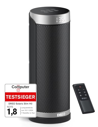 Dreo Heizlüfter Energiesparend, PTC Keramik Heizlüfte Leise, 70° Oszillierend Elektroheizung mit Fernbedienung, 12-Std-Timer, 3 Modi 3 Geschwindigkeiten, Überhitzungs-Kippschutz, Solaris Slim H3 von Dreo