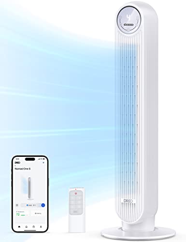 Dreo Smart 20dB Leiser Turmventilator, 10 m Wurfweite 4 Geschwindigstufen 4 Modi 8 Std. Timer 90° oszillierende Ventilator mit Kühlung WLAN & Fernbedienung für Schlafzimmer, Nomad OneS, Weiß von Dreo