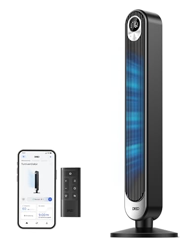 Dreo Smart 20dB Turmventilator Leiser, 9M Windentfernung Ventilator mit Fernbedienung,6 Geschwindigkeiten 4 Modi, 90° Oszillierender Standventilator mit Sprachteuerung für Schlafzimmer, 12H Timer von Dreo