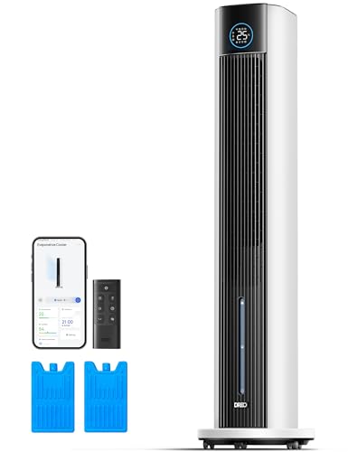 Dreo Turmventilator mit Wasserkühlung, 43” Luftkühler mit Wasserkühlung Leise, 4-Geschwindigkeiten-4-Modi Verdunstungskühler, APP-Steuerung, Eisbeutel, 85° Oszillation, 12-Std. Timer, weiß von Dreo