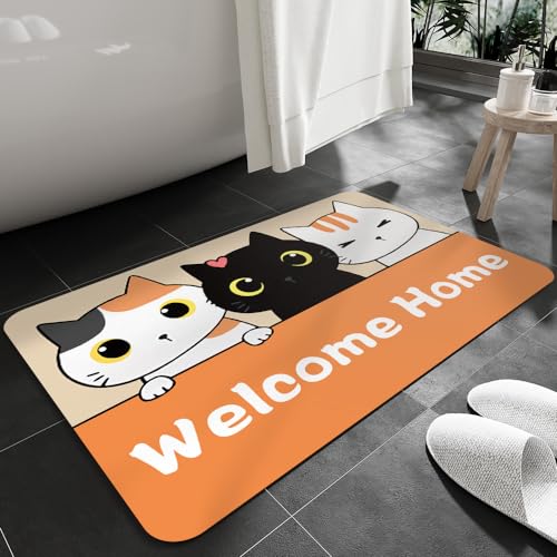 Dreothy Rutschfeste Badezimmerteppiche mit Cartoon-Katze, schnell trocknend, super saugfähig, mit Gummi-Rückseite, passend für unter die Tür, Badezimmer, Boden, Badewanne, Duschmatten (Welcome Home, von Dreothy