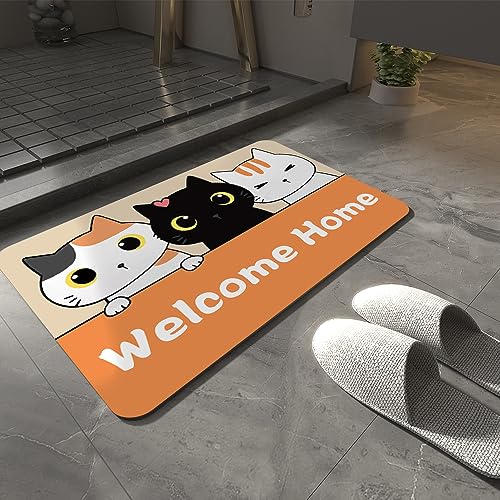 Dreothy Rutschfeste Badezimmerteppiche mit Cartoon-Katze, schnell trocknend, super saugfähig, mit Gummi-Rückseite, passend für unter die Tür, Badezimmer, Boden, Badewanne, Duschmatten (Welcome Home, von Dreothy