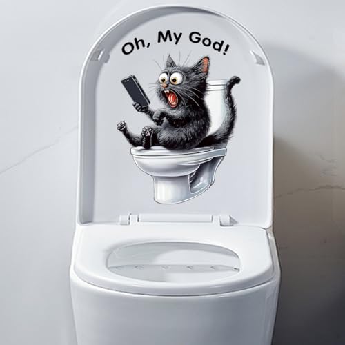 Lustige Katze Toilettendeckel Aufkleber, Abnehmbare Cartoon Tiere Toilettendeckel Abziehbilder, Selbstklebend Wasserdicht Toilettensitz Aufkleber Badezimmer Wand Tür Aufkleber (Graue Katze) von Dreothy
