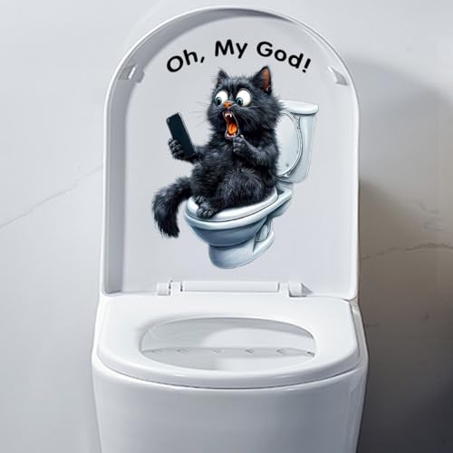 Lustige Katze Toilettendeckel Aufkleber, Abnehmbare Cartoon Tiere Toilettendeckel Abziehbild, Selbstklebende wasserdichte Toilettensitz Decals Badezimmer Wand Tür Aufkleber (Schwarze Katze) von Dreothy