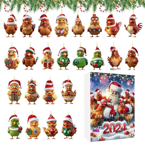 Dreuhuing Weihnachtskalender Huhn | 24 Türchen Mit Süßen Hühner-Anhängern Countdown Kalender - 2D Acrylic Flachanhänger Huhn Charm Für Christbaumschmuck Wanddekoration Auto-Innenspiegel von Dreuhuing