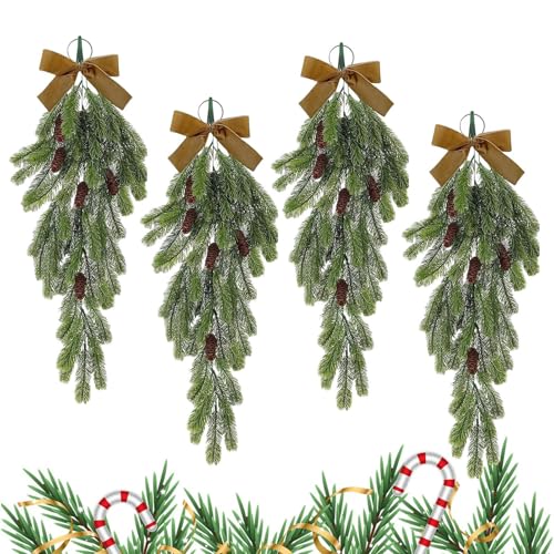 Dreuhuing Weihnachtskränze für Haustür, künstliche Tropfen-Girlande, Weihnachtskranz, Dekoration, Ornament mit Schleife für Haustür, Treppe, Fenster, von Dreuhuing