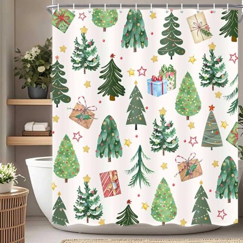 Weihnachts-Duschvorhang für Badezimmer, niedlicher Weihnachtsbaum, grüner Kiefernbaum, Badevorhänge, Dekoration, wasserdicht, Weihnachts-Badezimmervorhänge, Winter, Weihnachtsdekoration, mit 12 Haken Weihnachts-Duschvorhang für Badezimmer, niedlicher Weihnachtsbaum, grüner Kiefernbaum, Badevorhänge, Dekoration, wasserdicht, Weihnachts-Badezimmervorhänge, Winter, Weihnachtsdekoration, mit 12 Haken von Drgilau