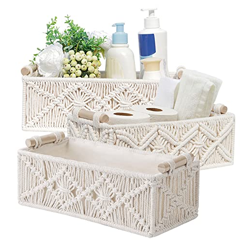 DriSubt 3-teilige Aufbewahrungskörbe für Regale, gewebte Körbe, Boho Badezimmer Dekoration, Körbe für Geschenke, Toiletten Aufbewahrungsboxen, weißer Korb (2 Small+ 1Big Basket with Tragegriff) von DriSubt