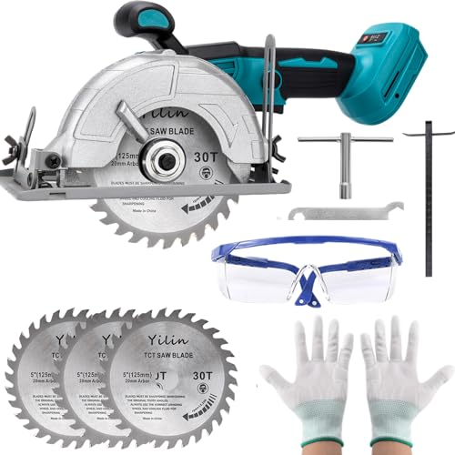 Bürstenlose Mini-Kreissäge, Handkreissäge für Makita 18 V Li-Ion Akku mit 3 Sägeblättern (125mm), Kupfermotor kann diagonal schneiden 6500RM/min Multifunktionssäge für Holzbearbeitung von DriSubt