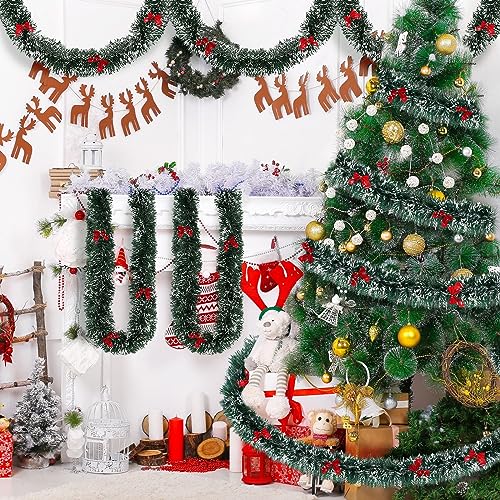 DriSubt 39,5 Fuß Weihnachts Lametta Girlande, glänzende Girlande, metallische Weihnachtsbaum Girlanden Dekorationen für Weihnachtshochzeits Geburtstags Party Innen (5pcs*2m + 60pcs Red Fliege) von DriSubt