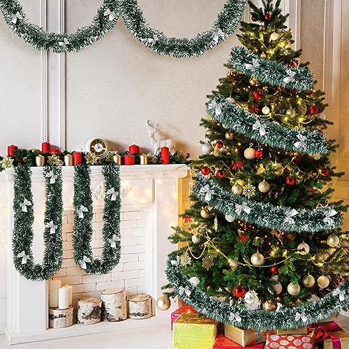 DriSubt 39,5 Fuß Weihnachts Lametta Girlande, glänzende Girlande, metallische Weihnachtsbaum Girlanden Dekorationen für Weihnachtshochzeits Geburtstags Party Innen (5pcs*2m + 60pcs Silver Fliege) von DriSubt