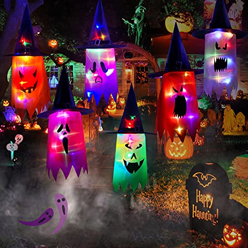 DriSubt 6 x Halloween-Dekorationen, Party-Dekorationen, leuchtende Hexe, Dekoration, gruseliger Geist, zum Aufhängen, beleuchtet, leuchtender Geist, Halloween-Baumschmuck für Garten von DriSubt