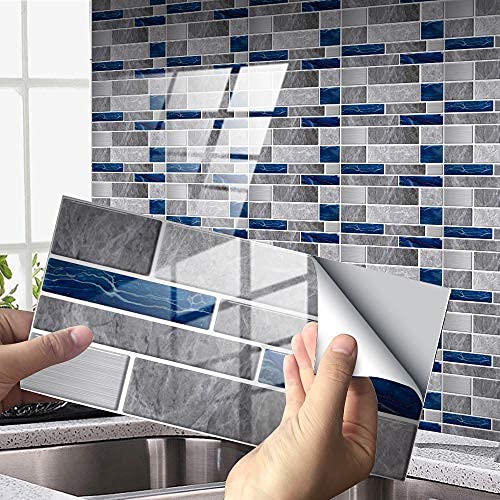 DriSubt Küchenrückwand Fliesenaufkleber Wandfliesenaufkleber Wasserdicht Ölfest Stickerfliesen Deko Selbstklebende für Küche Badezimmer Wohnzimmer (Blau Dunkelgrau,48 Stücke) von DriSubt