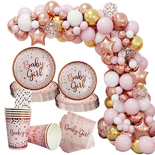 DriSubt Rose Gold Partygeschirr Set für 16 Gäste mit Luftballons, Baby Girl Shower Dekoration Pappteller Tassen Servietten Strohhalme Banner für Geburtstag Baby Shower Theme Party Dekoration von DriSubt