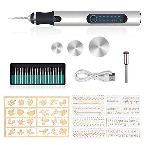 Gravierwerkzeugsatz, USB Mini Gravierstift Mit Gravurzubehör, Kabelloses Graviergerät Für Metall Glas Holz Stein Schmuck Nägel Keramik (Silber) von DriSubt