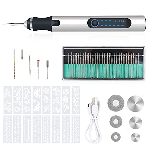 Gravierwerkzeugsatz, USB Mini Gravierstift Mit Gravurzubehör, Kabelloses Graviergerät Für Metall Glas Holz Stein Schmuck Nägel Keramik (Silber-1) von DriSubt