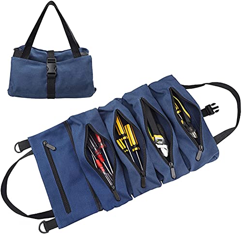 Werkzeugrolle Schraubenschlüssel Rollentasche Werkzeug-Roll-Organizer Mehrzweck Werkzeug Rolltasche mit 5 Reißverschlusstaschen für Elektriker (Blau) von DriSubt