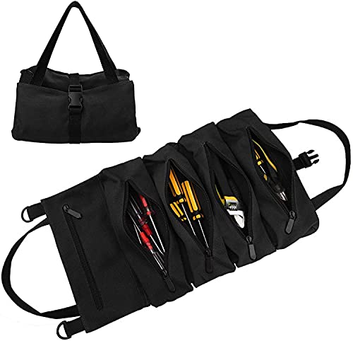 Werkzeugrolle Schraubenschlüssel Rollentasche Werkzeug-Roll-Organizer Mehrzweck Werkzeug Rolltasche mit 5 Reißverschlusstaschen für Elektriker (Schwarz) von DriSubt