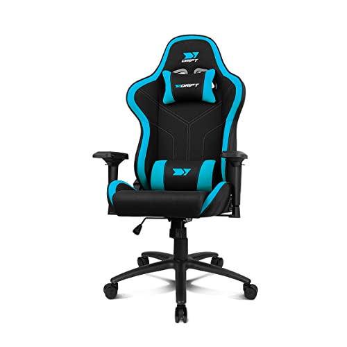 DRIFT GAMING Chair DR110 -DR110BL - Gaming Chair, hochdichter Stoff, 4D-Armlehnen, geräuscharme Rollen, Klasse 4 Kolben, Neigung, Nacken-/Lendenwirbelkissen, schwarz/blau von DRIFT GAMING