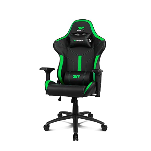 DRIFT GAMING Chair DR350 -DR350BG - Gaming Chair, Kunstleder, 4D-Armlehnen, geräuscharme Rollen, Klasse 4 Kolben, Neigung, Lenden-/Halswirbelkissen, Farbe schwarz/grün von DRIFT GAMING