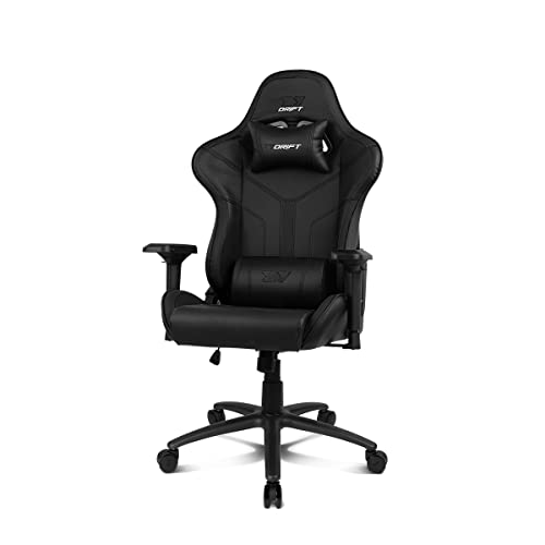 DRIFT GAMING Chair DR350 -DR350BK - Professional Gaming Chair, Kunstleder, 4D-Armlehnen, geräuscharme Rollen, Klasse 4 Kolben, Neigung, Lenden-/Halswirbelkissen, schwarz/rot von DRIFT GAMING