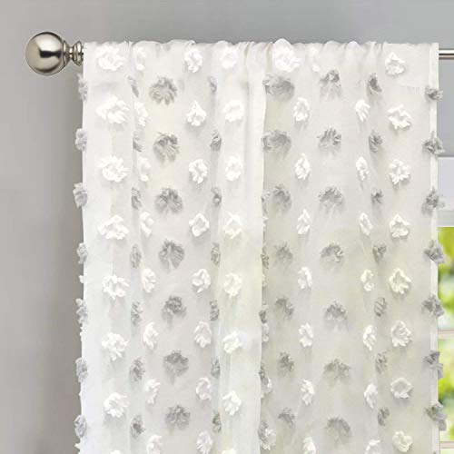 DriftAway Voile-Chiffon-Fenstervorhänge, Bestickt mit Bommel, 2 Paneele, 130 cm x 210 cm, Grau/Weiß (Grau/Weiß) von DriftAway