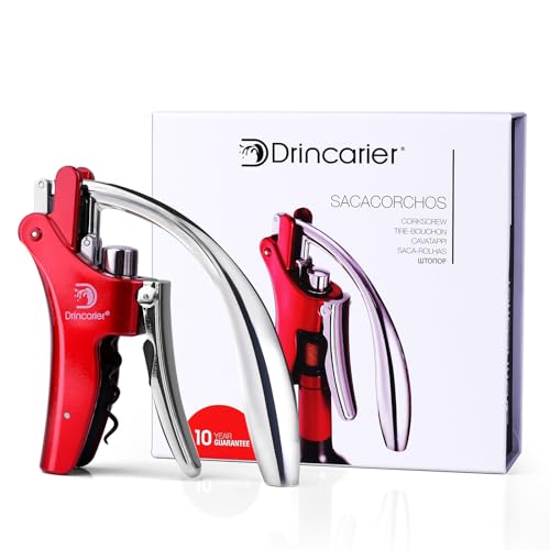 Drincarier Vertikaler Hebel-Korkenzieher mit Antihaft-Wurm, kompakter Kaninchen-Weinöffner, Weinflaschenöffner mit integriertem Folienschneider (rot) von Drincarier