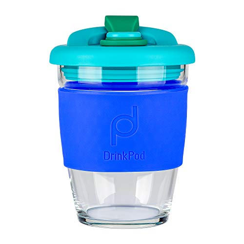 DrinkPod wiederverwendbarer BPA-frei 340 ml 12 oz Kaffeebecher / Reisetasse aus Glas – OCEAN, BLAU von Pioneer