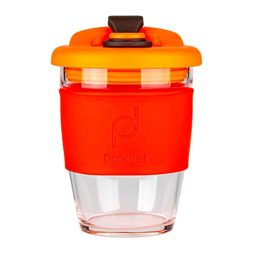 DrinkPod wiederverwendbarer BPA-frei 340 ml 12 oz Kaffeebecher / Reisetasse aus Glas – VOLCANO, ROT von Pioneer