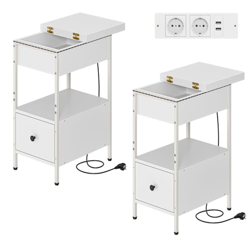 Dripex 2er Set Nachttisch mit Schubladen und offenes Fach, Beistelltisch mit Steckdosen, LED Sofatisch Schmaler für Schlafzimmer, Wohnzimmer, 60 x 28 x 63.5 cm, Weiß Dripex 2er Set Nachttisch mit Schubladen und offenes Fach, Beistelltisch mit Steckdosen, LED Sofatisch Schmaler für Schlafzimmer, Wohnzimmer, 60 x 28 x 63.5 cm, Weiß von Dripex