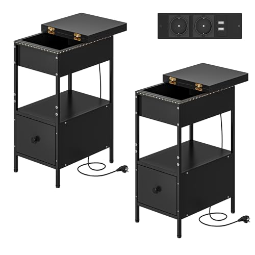 Dripex 2er Set Nachttisch mit Schubladen und offenes Fach, Beistelltisch mit Steckdosen,LED Sofatisch Schmaler für Schlafzimmer, Wohnzimmer, 60 x 28 x 63.5 cm, Schwarz von Dripex