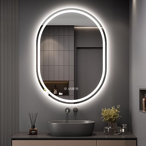 Dripex Badspiegel mit Beleuchtung Led Spiegel mit Uhr und Touch-Schalter, Dimmbar, 3 Lichtfarbe Einstellbare Badezimmerspiegel mit Beleuchtung, Beschlagfrei Oval 60x80 cm von Dripex
