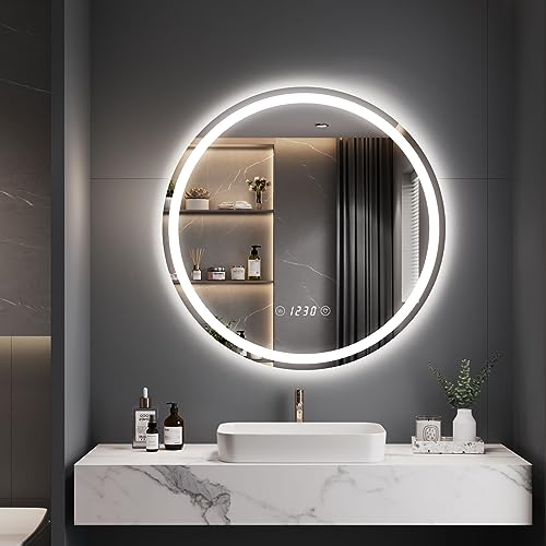 Dripex Badspiegel mit Beleuchtung Rund Led Spiegel mit Uhr und Touch-Schalter, Dimmbar, 3 Lichtfarbe Einstellbare Runder Badezimmerspiegel mit Beleuchtung, Beschlagfrei 50x50 cm von Dripex