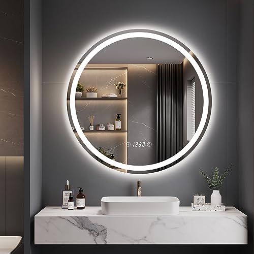Dripex Badspiegel mit Beleuchtung Rund Led Spiegel mit Uhr und Touch-Schalter, Dimmbar, 3 Lichtfarbe Einstellbare Runder Badezimmerspiegel mit Beleuchtung, Beschlagfrei 60x60 cm von Dripex