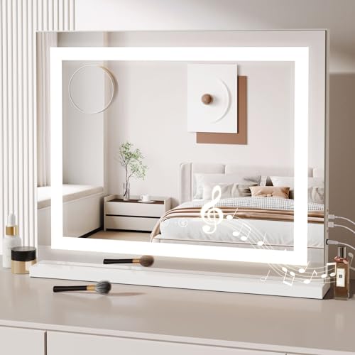 Dripex Hollywood Schminktischspiegel mit Beleuchtung, HD Schminkspiegel für Tisch- oder Wandmontieren, 3 Farblichtmodi, 5 Facher Vergrößerung Spiegel, USB Anschluss (Bluetooth 58 x 48 cm) von Dripex