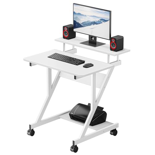 Dripex Computertisch mit Rollen Z-förmiger Schreibtisch, Mobiler Laptoptisch mit Regalen für kleine Räume, Home Office 70x60x73CM Weiß von Dripex