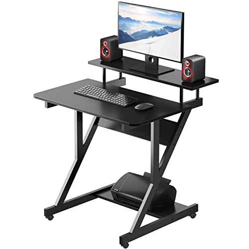 Dripex Computertisch mit Rollen Z-förmiger Schreibtisch, Mobiler Laptoptisch mit Regalen für kleine Räume, Home Office 70x60x73CM Schwarz von Dripex