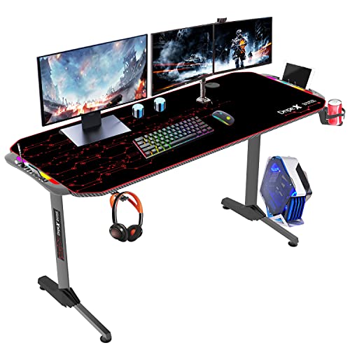 Dripex Gaming Tisch mit LED, Gaming Schreibtisch 150cm, ergonomischer Computertisch mit vollem Mauspad, Getränke-, und Kopfhörerhalter, schwarz von Dripex