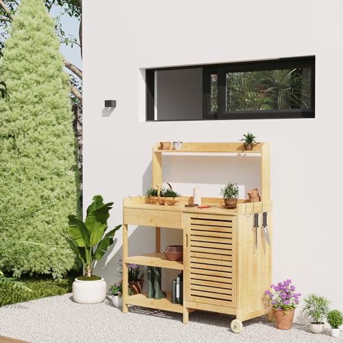 Dripex Gartentische, Pflanztische mit Unterschrank, Beistelltische aus Bambus, bewegliche Arbeitstische für Garten Balkon Terrasse von Dripex
