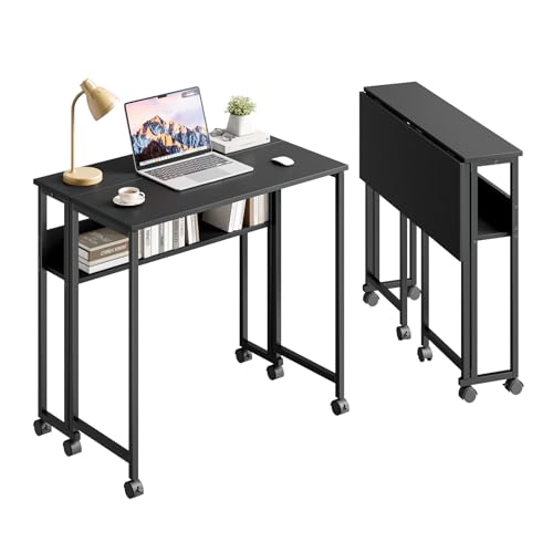 Dripex Faltbar Tisch 80x50 cm, Platzsparender Schreibtisch Klappbar Computertisch mit Stauraum und Rollen Kleiner PC Klapptisch für Homeoffice Arbeitszimmer(Schwarz) von Dripex