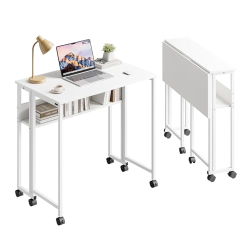 Dripex Faltbar Tisch 80x50 cm, Platzsparender Schreibtisch Klappbar Computertisch mit Stauraum und Rollen Kleiner PC Klapptisch für Homeoffice Arbeitszimmer(Weiß) von Dripex