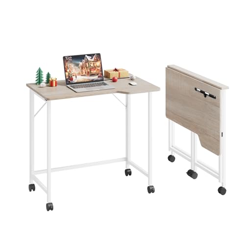 Dripex Faltbar Tisch, 80 x 52 cmPlatzsparender Schreibtisch Klappbar Computertisch mit Tablet Steckplatz und Rollen Ergonomisches L Design PC Klapptisch für Homeoffice Arbeitszimmer(Oak) von Dripex