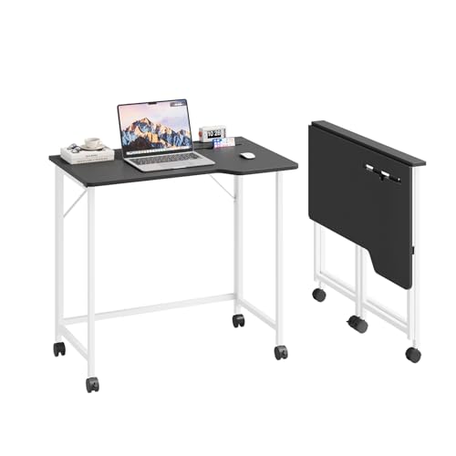 Dripex Faltbar Tisch, 80 x 52 cmPlatzsparender Schreibtisch Klappbar Computertisch mit Tablet Steckplatz und Rollen Ergonomisches L Design PC Klapptisch für Homeoffice Arbeitszimmer(Schwarz) von Dripex