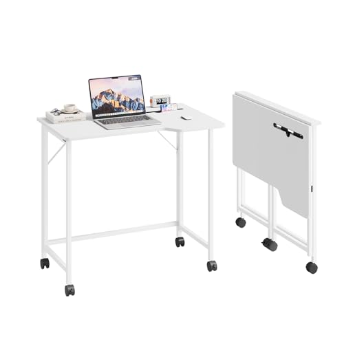 Dripex Faltbar Tisch, 80 x 52 cmPlatzsparender Schreibtisch Klappbar Computertisch mit Tablet Steckplatz und Rollen Ergonomisches L Design PC Klapptisch für Homeoffice Arbeitszimmer(Weiß) von Dripex