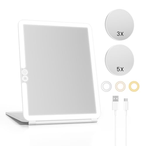 Dripex Kosmetikspiegel mit Beleuchtung, Led Schminkspiegel mit 5X, 3X Vergrößerung und 3 Farblichter, Dimmbarer Touchscreen Tischspiegel, Faltbarer Makeup Spiegel, USB Aufladen von Dripex