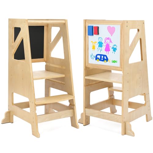 Dripex Lernturm für Kinder, Lernturm Höhenverstellbar Kippschutz, Montessori Holz Lernturm mit Doppelseitige Tafel Für Kinder Baby, ideales Montessori Küchenhelfer ab 1 Jahr (Holz) von Dripex